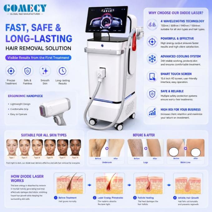 Professional Permanent Hair Removal Laser System for Beauty Clinics, Medical Aesthetic Centers and Salons The 3000W Multi-Wavelength Diode Laser Hair Removal Machine is a newly developed professional laser beauty system that combines powerful energy output, intelligent control technology, and advanced cooling performance. Equipped with four professional laser wavelengths (755nm, 808nm, 940nm, and 1064nm), this diode laser system is designed to provide effective hair reduction solutions for various hair colors, hair thicknesses, and skin types. The advanced multi-wavelength technology allows energy to penetrate different depths of hair follicles, making the system suitable for fine hair, thick hair, curly hair, and stubborn hair. Featuring a 15.6-inch 4K Android touch screen, adjustable energy parameters, multiple spot sizes, and a comprehensive cooling system, this professional hair removal equipment provides a reliable solution for high-volume beauty clinics and aesthetic professionals. Advanced 4 Wavelength Laser Technology Traditional hair removal machines usually use a single wavelength, which limits treatment flexibility. This new generation diode laser machine combines four wavelengths in one platform: 755nm Wavelength â Precision Hair Removal The 755nm wavelength offers high melanin absorption and is suitable for: Fine hair Light-colored hair Facial areas Delicate treatment zones 808nm Wavelength â Classic Diode Laser Performance The 808nm wavelength provides balanced penetration and absorption: Deep follicle targeting Effective for most hair types Suitable for large treatment areas Widely used in professional clinics 940nm Wavelength â Enhanced Follicle Targeting The 940nm wavelength helps improve treatment efficiency: Suitable for thicker hair Supports deeper follicle treatment Enhances overall treatment coverage 1064nm Wavelength â Dark Skin Solution The 1064nm wavelength offers: Lower melanin absorption Safer treatment for darker skin Support for Fitzpatrick skin types IV-VI High Power 3000W Laser Platform Designed for professional commercial use, this system provides strong and stable laser performance. Output Power Options: 1200W (800W laser output) 2400W (1200W laser output) 3000W (1600W laser output) Adjustable Treatment Parameters: Pulse width: 5-400ms Energy density: 1-200J/cm² Frequency: 1-10Hz Professionals can adjust treatment parameters according to: Skin type Hair thickness Hair color Treatment area This ensures optimized performance for different clients. Intelligent 15.6-Inch 4K Android Touch Screen The machine adopts a modern smart operating system with a large high-definition display. Screen Features: 15.6-inch 4K touch screen Android operating system Intelligent interface Easy parameter adjustment Clear treatment information display The smart control system improves operation efficiency and provides a more convenient user experience for professional operators. Flexible Spot Size Design Different treatment areas require different spot sizes. This diode laser hair removal system supports multiple treatment spot options: 6mm precision nozzle 12Ã14mm² 12Ã22mm² 12Ã30mm² Advantages: Precise treatment for small areas Faster operation for large body areas Improved treatment flexibility Comprehensive Cooling System for Maximum Comfort High-performance laser systems require reliable cooling technology. This machine integrates multiple cooling solutions: Cooling Technology: â Water Cooling System â Air Cooling System â Semiconductor Cooling â TEC Cooling Technology â Automotive Cooling Blanket The sapphire contact cooling system maintains the treatment tip temperature at: -5°C to 5°C Benefits: Protects the epidermis Reduces heat sensation Improves patient comfort Supports long working hours Professional Applications The multi-wavelength diode laser system is widely used for: Hair Removal Applications Face hair removal Beard removal Underarm hair removal Arm hair removal Leg hair removal Chest hair removal Back hair removal Bikini hair removal Suitable Hair Types Effective for: Fine hair Thick hair Curly hair Coarse hair Unwanted hair Suitable Skin Types Works with: Fitzpatrick Skin Type I Fitzpatrick Skin Type II Fitzpatrick Skin Type III Fitzpatrick Skin Type IV Fitzpatrick Skin Type V Fitzpatrick Skin Type VI Product Specifications Specification Details Product Type Professional Diode Laser Hair Removal Machine Laser Technology Multi-Wavelength Diode Laser Wavelength 755nm / 808nm / 940nm / 1064nm Input Power 3000W Laser Output Options 1200W / 2400W / 3000W Pulse Width 5-400ms Energy Density 1-200J/cm² Frequency 1-10Hz Spot Size 6mm / 12Ã14mm² / 12Ã22mm² / 12Ã30mm² Cooling System Water + Air + Semiconductor + TEC + Automotive Cooling Blanket Sapphire Cooling -5°C to 5°C Display System 15.6-inch 4K Android Touch Screen Power Requirement AC220V±10%,50Hz / AC110V±10%,60Hz Laser Water Temperature 30°C Why Choose This Professional Diode Laser Hair Removal System? Multi-Wavelength Advantage Four wavelengths provide wider treatment coverage than conventional single wavelength laser machines. High Efficiency Performance The powerful 3000W platform and high energy density support fast professional treatments. Smart Operation System The Android 4K touchscreen simplifies operation and improves user experience. Advanced Cooling Protection Multiple cooling technologies ensure stable performance and comfortable treatments. Commercial Beauty Equipment Solution Suitable for: Beauty equipment distributors Aesthetic clinic suppliers Professional salons Medical beauty centers FAQ Q1: What is the difference between 4 wavelength diode laser and normal diode laser? A: The four wavelength system combines different laser wavelengths to target different follicle depths, providing more flexible treatment options. Q2: Can it remove thick and curly hair? A: Yes. The adjustable energy and multiple wavelengths make it suitable for different hair thicknesses, including coarse and curly hair. Q3: Does the machine support all skin colors? A: Yes. The combination of 755nm, 808nm, 940nm, and 1064nm wavelengths supports treatment across Fitzpatrick I-VI skin types. Q4: Is it suitable for commercial use? A: Yes. The high-power design, intelligent screen, and advanced cooling system are designed for professional clinics and beauty centers.